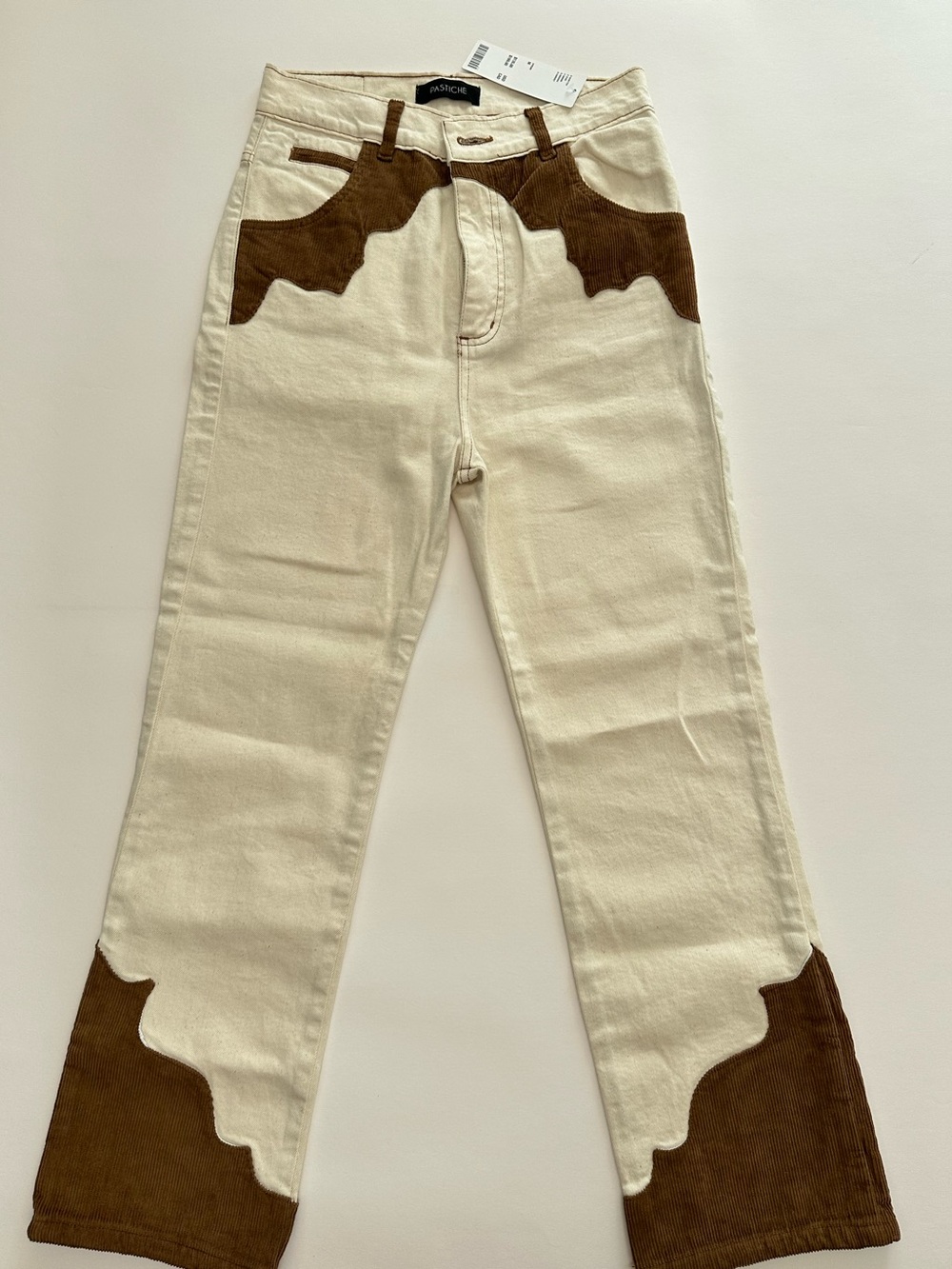 Western Cowgirl Contrast Corduroy Cream Denim Flare Jeans Brown Y2K/festival